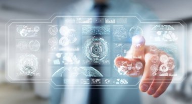 Dijital ekranlar hologramlar veriler 3d render ile kullanarak iş adamı