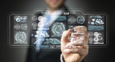 Dijital ekranlar hologramlar veriler 3d render ile kullanarak iş adamı