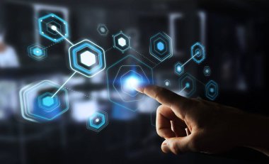 Dijital ekranlar hologramlar veriler 3d render ile kullanarak iş adamı