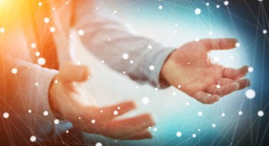 Kayan nokta ağ 3d render tutan işadamı