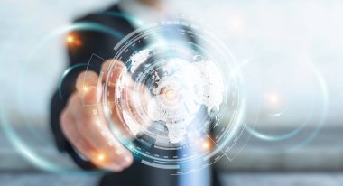 İşadamı hologram ekran dijital veriler 3d renderin ile kullanma