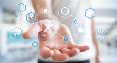 Genç adam onun performansları kontrol etmek için çalışan uygulama kullanarak 3d