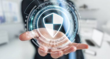 Onun verileri korumak için kalkan güvenli koruma kullanarak işadamı 3d