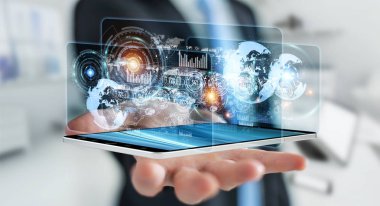 Hologram ekran işadamı 3d render tarafından kullanılan dijital veriler ile