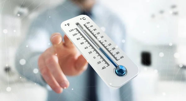 Podnikatel, kontrola teploty pokles 3d vykreslování — Stock fotografie