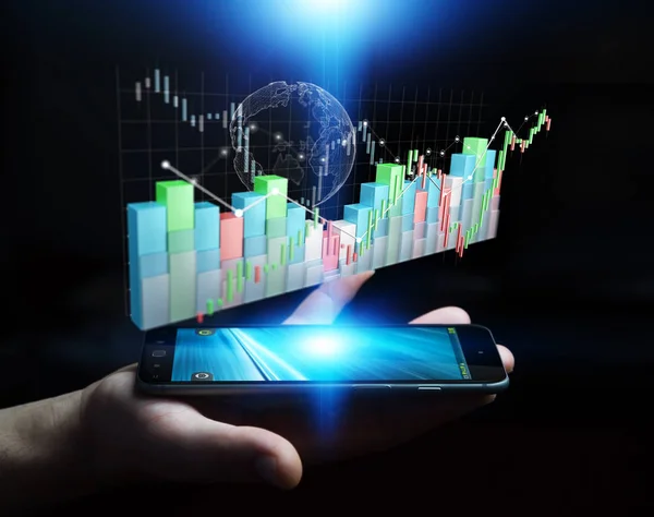 Podnikatel, pomocí digitálních 3d tavené burze statistiky a c — Stock fotografie