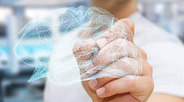 Affärsman ritning digital röntgen mänskliga hjärnan i hans hand 3d ren — Stockfoto
