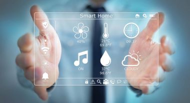 Akıllı ev dijital arabirimi 3d işlemesini kullanan iş adamı