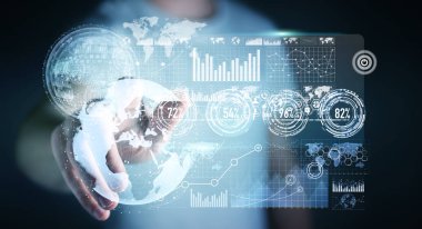 İşadamı hologram ekran dijital veriler 3d renderin ile kullanma