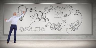 Bir proje çizim işadamı bir yönetim kurulu 3d render kroki