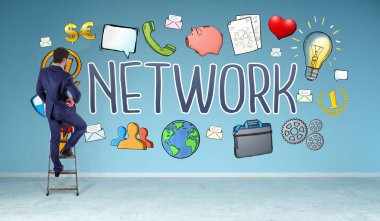 İş adamı izlerken sosyal ağ kroki üzerinde duvar 3d renderin