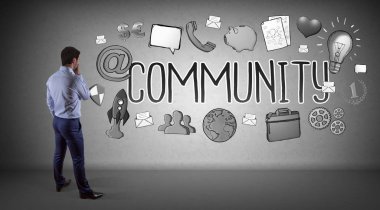 İş adamı izlerken sosyal ağ kroki üzerinde duvar 3d renderin