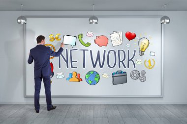 İşadamı üzerinde bir kurulu 3d renderin sosyal ağ kroki çizim