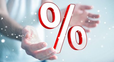 Beyaz ve kırmızı satış simgeler 3d render uçan kullanarak iş adamı