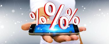 Beyaz ve kırmızı satış simgeler 3d render uçan kullanarak iş adamı