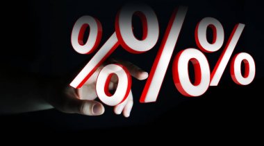 Beyaz ve kırmızı satış simgeler 3d renderin uçan kullanarak iş kadını