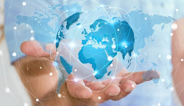 Affärsman holding globalt nätverk på planetjorden 3d-rendering — Stockfoto