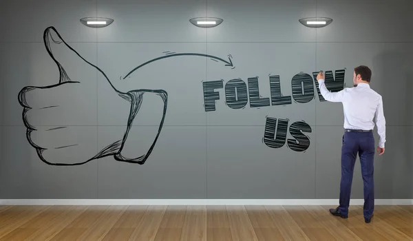 Empresario dibujando boceto de pulgar hacia arriba en una representación 3D de la pared —  Fotos de Stock