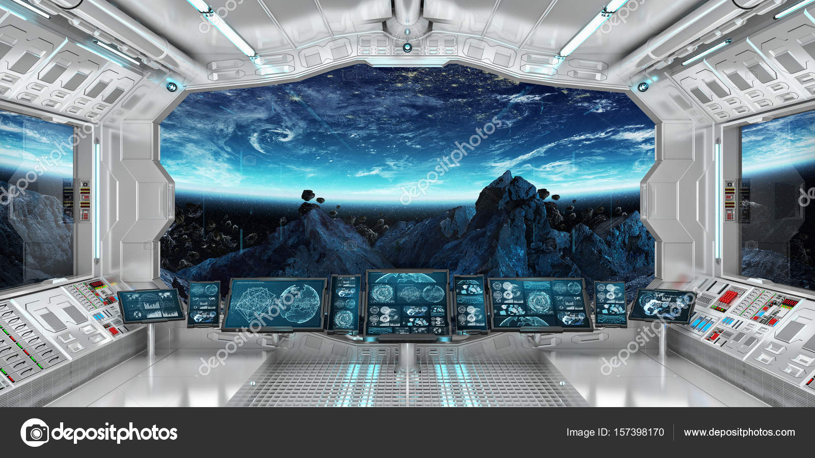 Spaceship Interior With View On The Planet Earth 3d