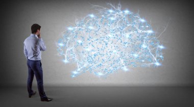 Bir duvar 3d render dijital beyin arabirimini kullanarak iş adamı