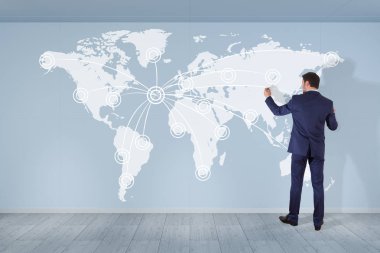 Bir duvar 3d re dijital planet earth arabirimini kullanarak iş adamı