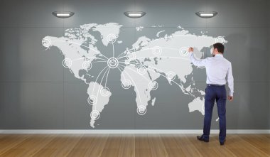 Bir duvar 3d re dijital planet earth arabirimini kullanarak iş adamı