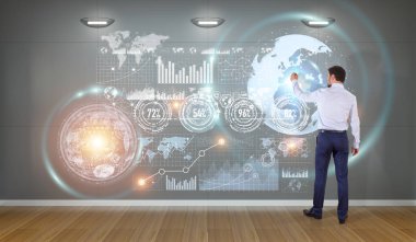 Bir duvara 3d render grafik ekranlar arabirimini kullanarak iş adamı