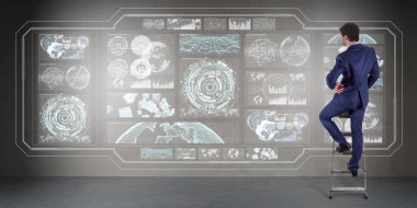 Bir duvara 3d render grafik ekranlar arabirimini kullanarak iş adamı