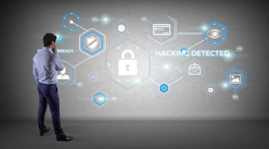 Bir duvar 3d render virüsten koruma arabirimini kullanarak iş adamı