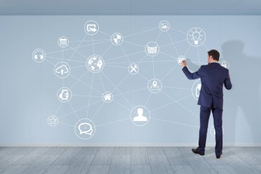 Üzerinde bir duvar 3d renderin sosyal ağ arabirimini kullanarak iş adamı