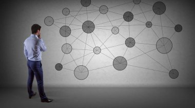 Üzerinde bir duvar 3d renderin sosyal ağ arabirimini kullanarak iş adamı