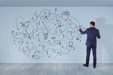 Bir proje çizim işadamı bir duvar 3d render kroki