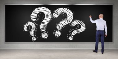 Bir soru işareti çizim işadamı bir yönetim kurulu 3d renderi kroki