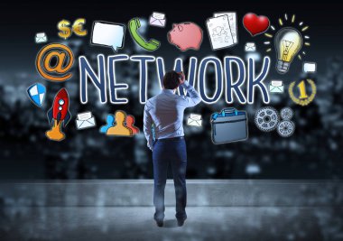 İş adamı izlerken sosyal ağ kroki üzerinde bir çatı 3d rende