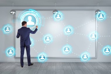 Bir kurulu 3d renderi sosyal ağ arabirimini kullanarak iş adamı