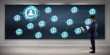 Bir kurulu 3d renderi sosyal ağ arabirimini kullanarak iş adamı