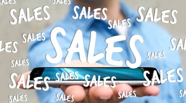 Satış kutsal kişilerin resmi onun telefon 3d render üzerinde tutan işadamı