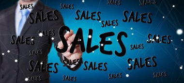 İşadamı kalem 3d render ile satış simgeler dokunmadan