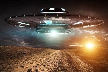 UFO işgal gezegen Dünya'ya landascape 3d render