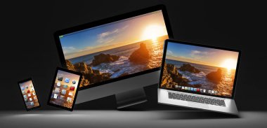Karanlık modern bilgisayar dizüstü cep telefonu ve tablet 3d render