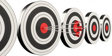 3D render hedef siyah beyaz ve kırmızı hedef oklarla