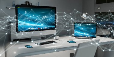 Parlak nokta ağ 3d render masaüstünde kayan