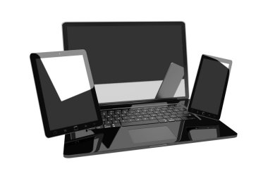Dizüstü bilgisayar cep telefonu ve tablet 3d render birbirine bağlı