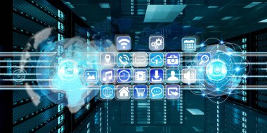 Sunucu Oda veri merkezi 3d render üzerinde uçan hologram grafik