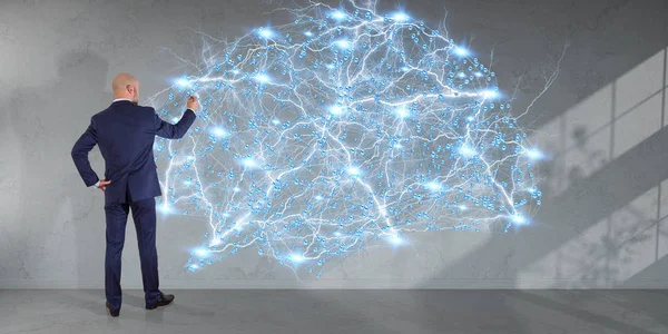 Businessman using digital brain interface on a wall 3D rendering
