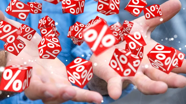 Бизнесмен с помощью белых и красных значков продаж 3D рендеринг — стоковое фото