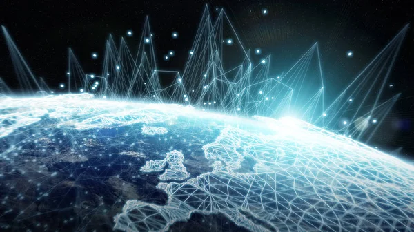 Gezegen üzerinde küresel ağ ve veri değişim Earth 3d parçalamak — Stok fotoğraf