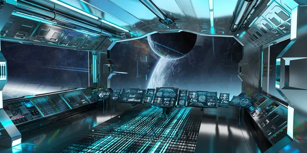 Spaceship interior with view on distant planets system 3D render — Stock Photo, Image