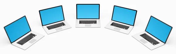 Fünf moderne digitale silberne und schwarze Laptop-3D-Rendering — Stockfoto