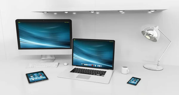 现代白色书桌内政部与计算机和设备 3d 楼效果图 — 图库照片